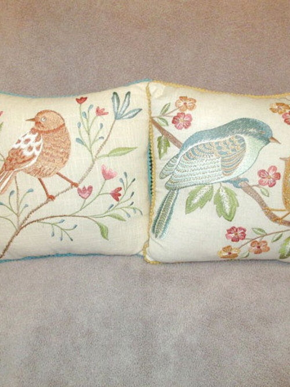 Embroidered Bird Family Throw Pillow Set Of 2 Floral Cottagecore Nature Boho EUC